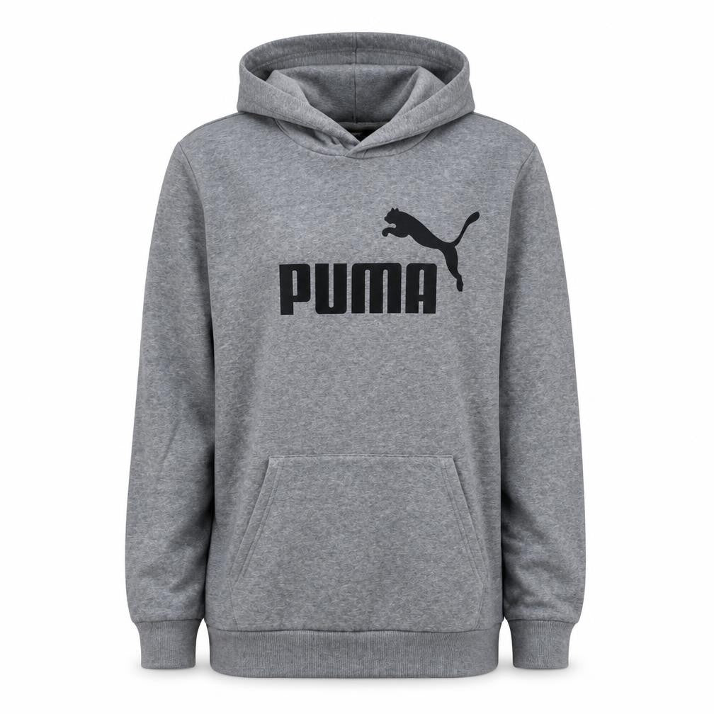Front view of Puma Men's Grey Pullover Hoodie L Logo Fleece Sweatshirt