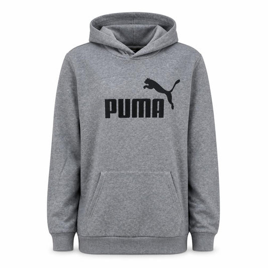 Front view of Puma Men's Grey Pullover Hoodie L Logo Fleece Sweatshirt