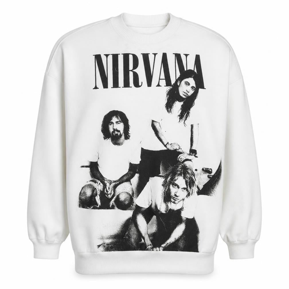 Front view of Bershka Women White Nirvana Graphic Print Crew Neck Sweatshirt XS