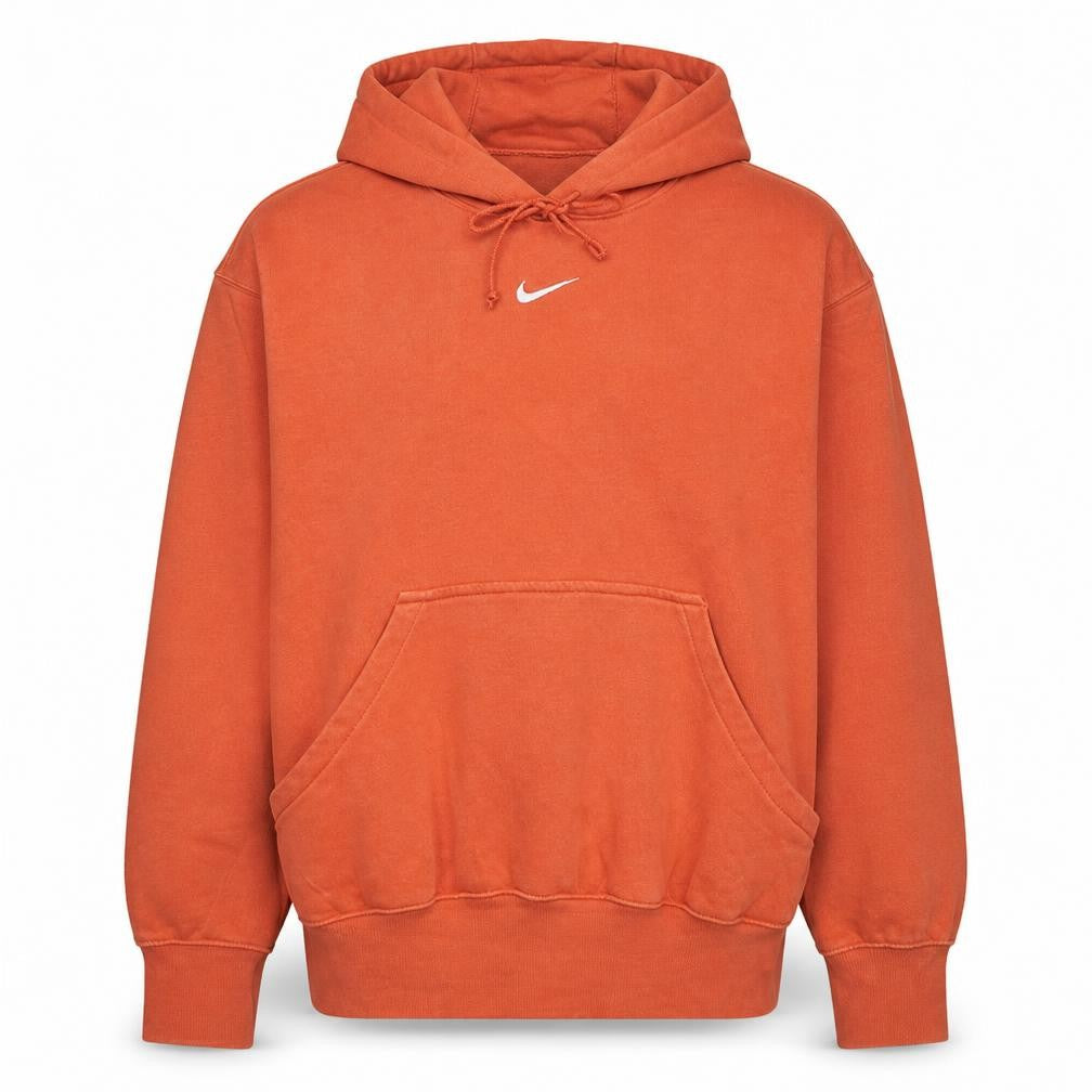 Front view of Nike Men's Orange Pullover Hoodie M Logo Fleece Kangaroo Pocket