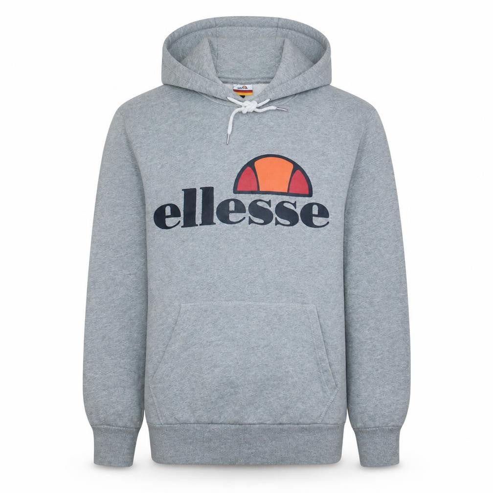 Front view of Ellesse Men's Grey Pullover Hoodie Small Logo Sports Sweatshirt