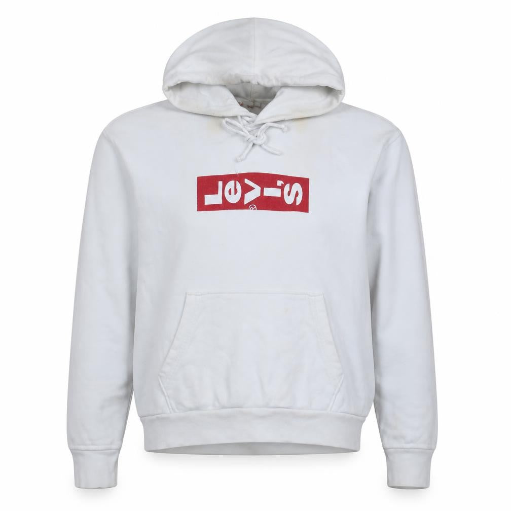 Front view of Levi's women’s white large pullover hoodie with logo print
