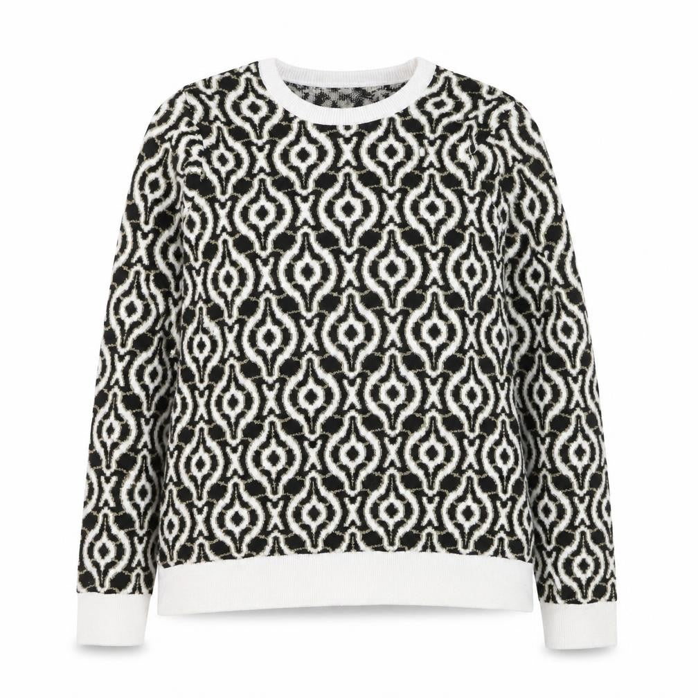 Front view of Savida Women’s Black & White Geometric Knit Jumper, size UK 12