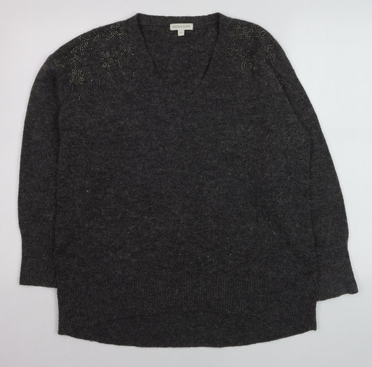 Monsoon Womens Grey Beaded V-Neck Long Sleeve Jumper Size M