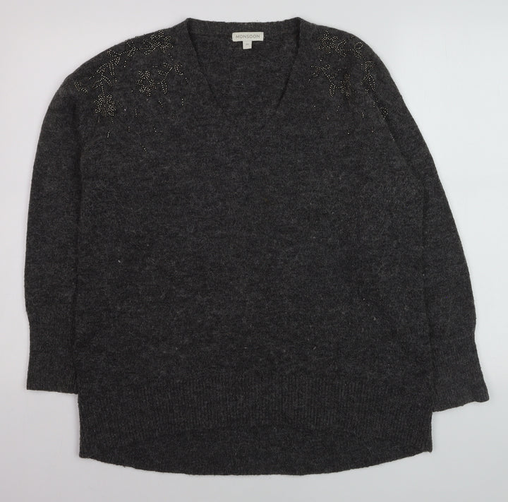 Monsoon Womens Grey Beaded V-Neck Long Sleeve Jumper Size M