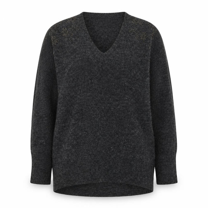 Monsoon Womens Grey Beaded V-Neck Long Sleeve Jumper Size M
