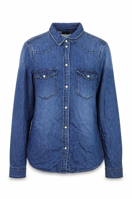 Front view of Vero Moda Women's Blue Denim Button-Up Long Sleeve Shirt S