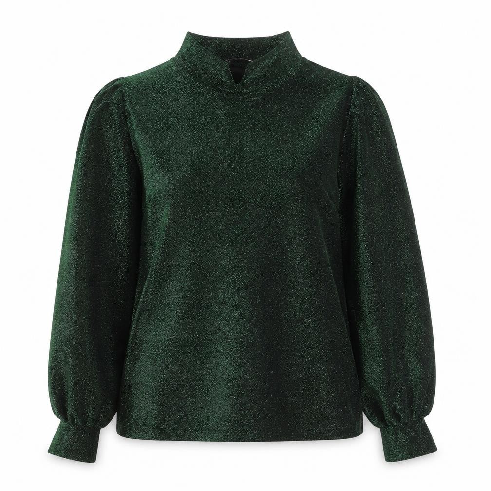 Front view of Gallery Women’s Green Glitter Mock Neck Long Sleeve jumper, size UK 8