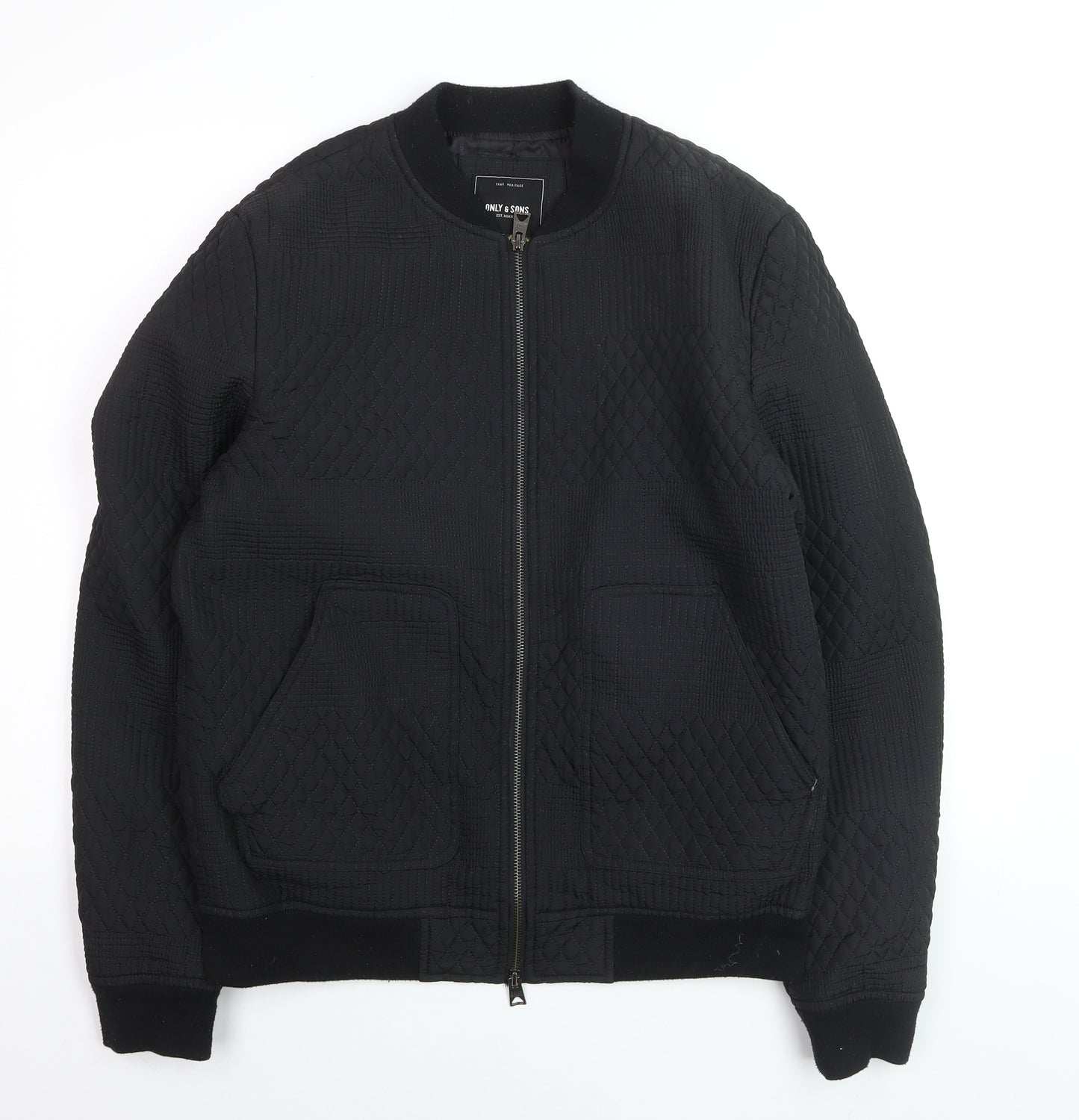 ONLY & SONS Men's Black Quilted Bomber Jacket Size L Regular Fit