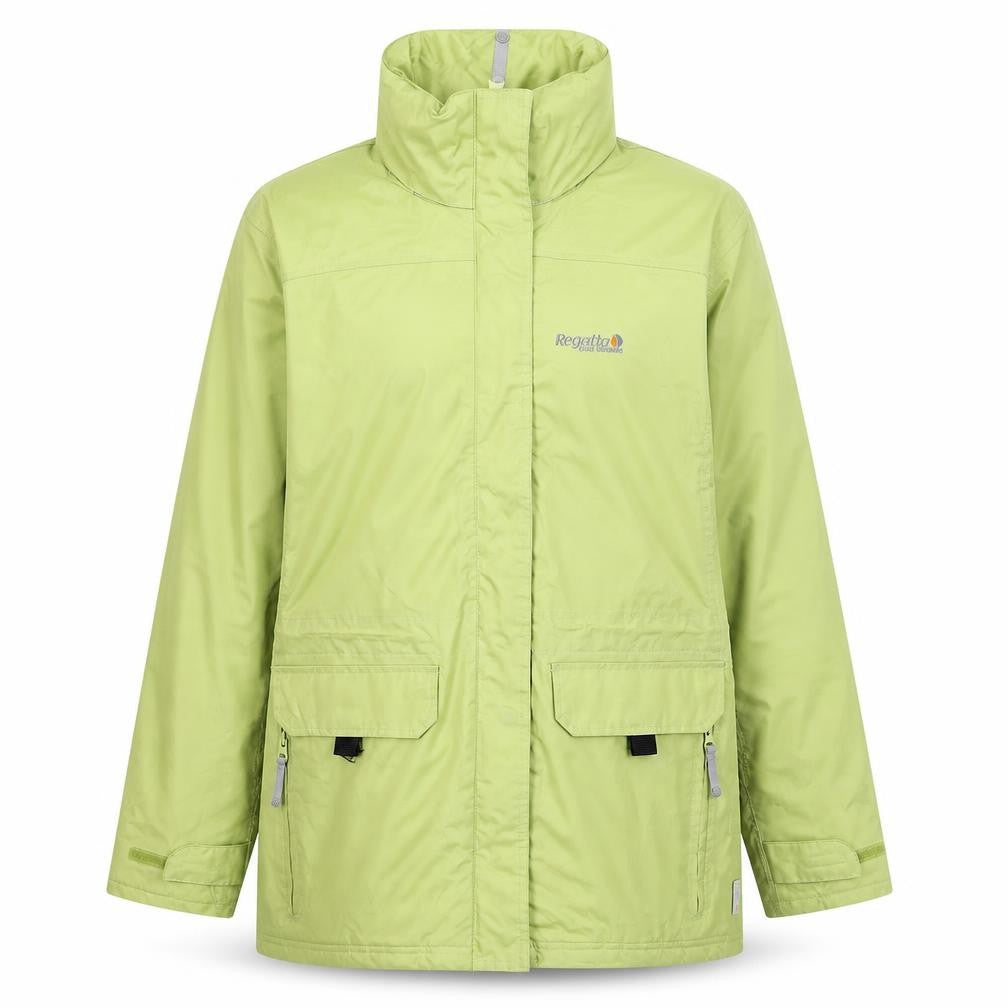 Front view of Regatta men’s green waterproof hooded rain jacket, size S, 36in