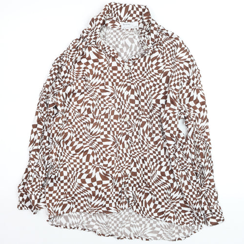 Bershka Women’s Brown Geometric Long Sleeve Button-Up Shirt Size 12