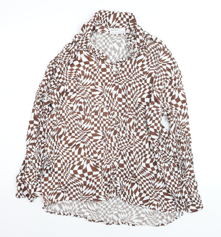 Bershka Women’s Brown Geometric Long Sleeve Button-Up Shirt Size 12