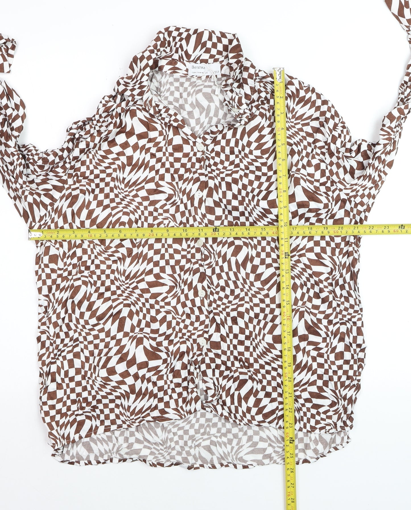Bershka Women’s Brown Geometric Long Sleeve Button-Up Shirt Size 12