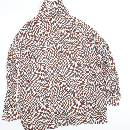 Bershka Women’s Brown Geometric Long Sleeve Button-Up Shirt Size 12