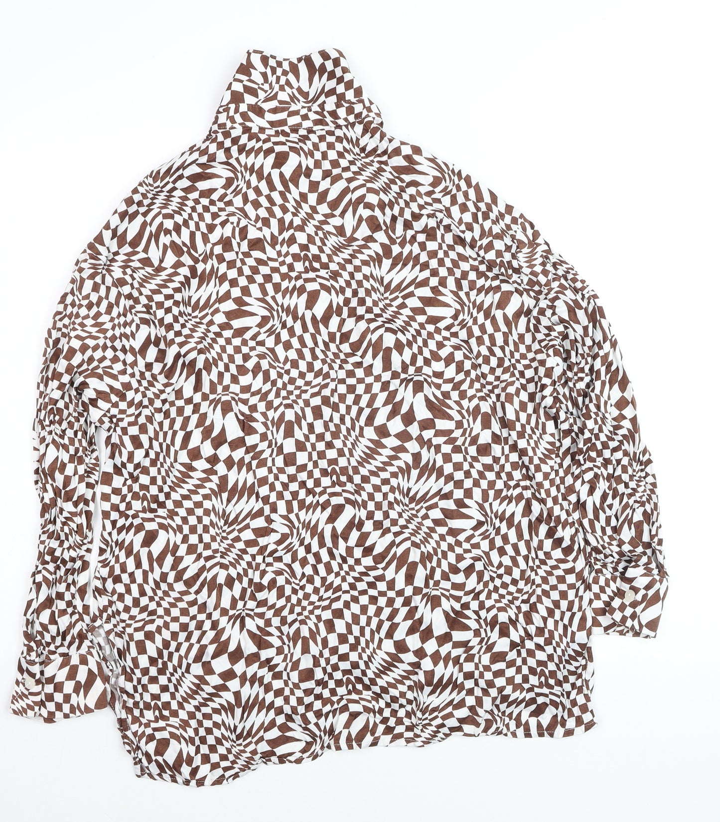 Bershka Women’s Brown Geometric Long Sleeve Button-Up Shirt Size 12