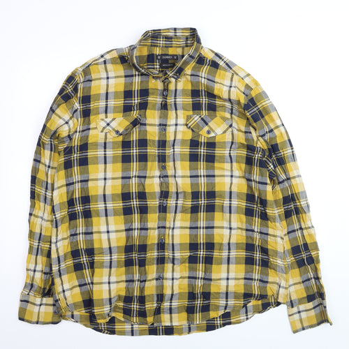 Dunnes Men's Yellow Blue Check Long Sleeve Regular Fit Cotton Shirt XXL