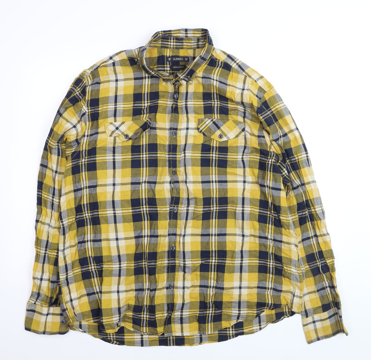 Dunnes Men's Yellow Blue Check Long Sleeve Regular Fit Cotton Shirt XXL