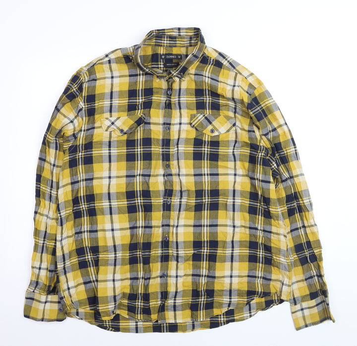 Dunnes Men's Yellow Blue Check Long Sleeve Regular Fit Cotton Shirt XXL