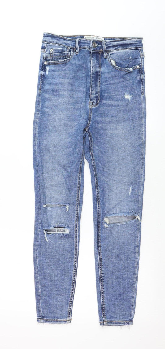 Stradivarius Women Blue Size 10 Distressed Super High Waist Skinny Jeans