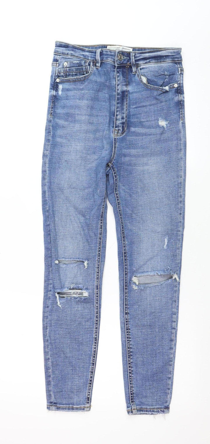 Stradivarius Women Blue Size 10 Distressed Super High Waist Skinny Jeans
