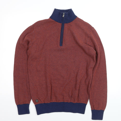 6th Sense Men's Red Blue 1/4 Zip Cotton Jumper L Knit High Neck