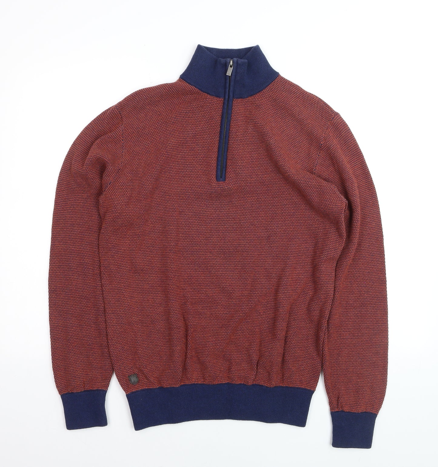 6th Sense Men's Red Blue 1/4 Zip Cotton Jumper L Knit High Neck