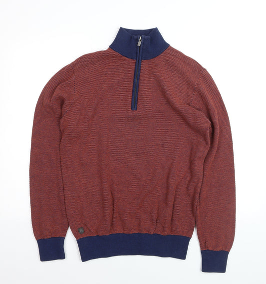 6th Sense Men's Red Blue 1/4 Zip Cotton Jumper L Knit High Neck