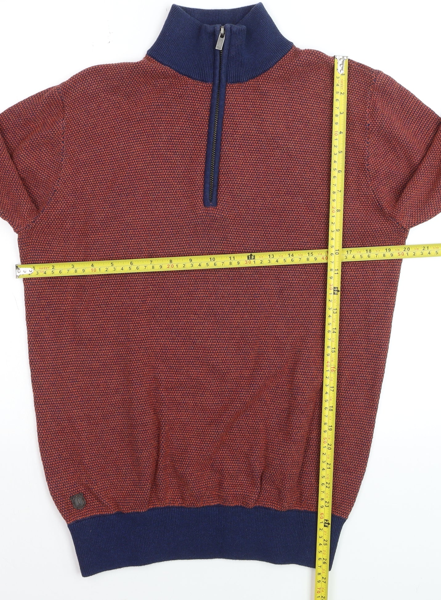 6th Sense Men's Red Blue 1/4 Zip Cotton Jumper L Knit High Neck
