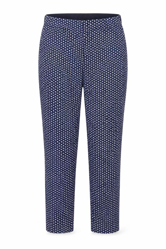 Front view of Dunnes women’s blue geometric slim tapered trousers, size UK 10