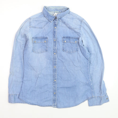 Denim Co. Women Blue Long Sleeve Button-Up Cotton Shirt Size 12