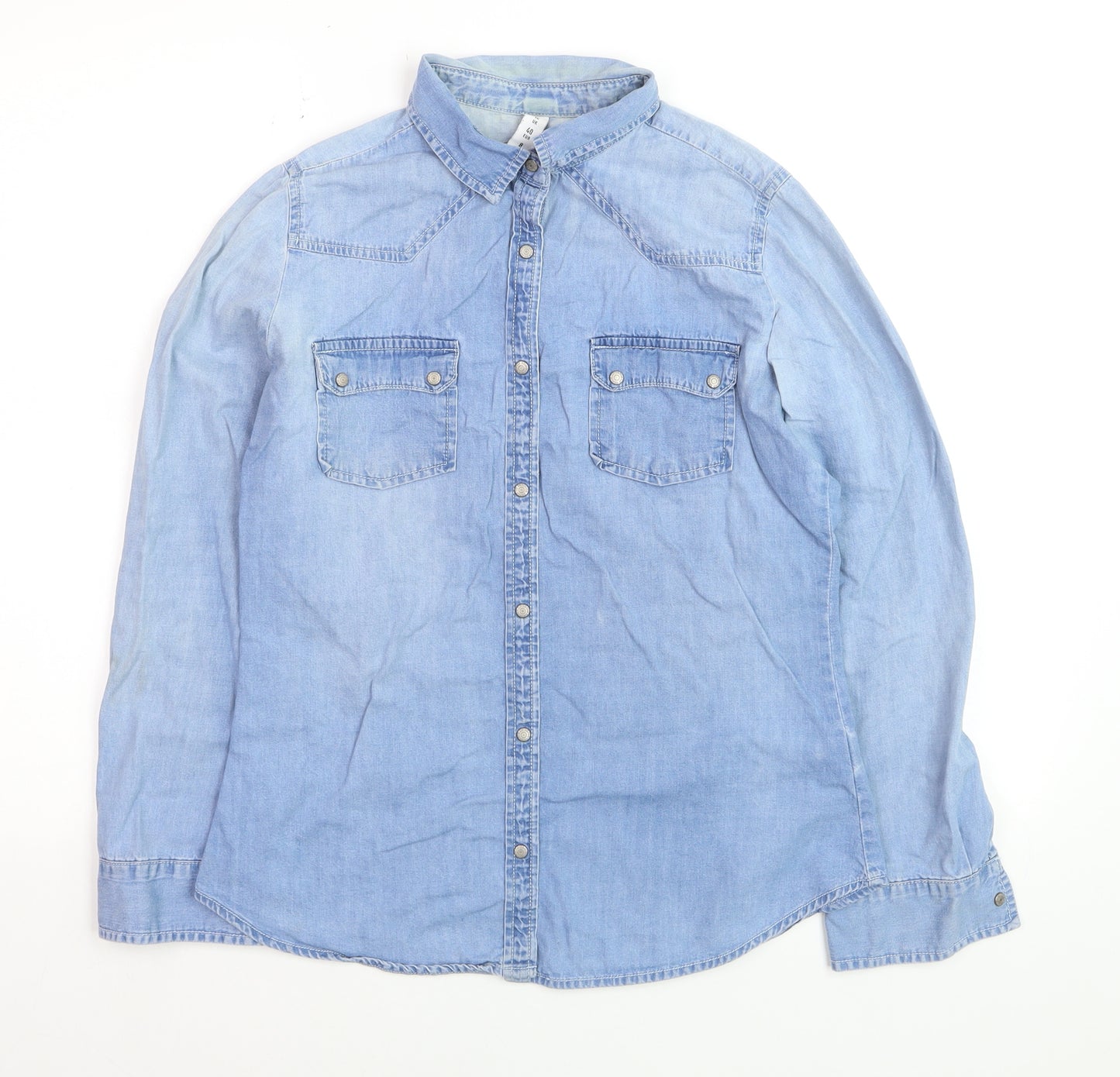 Denim Co. Women Blue Long Sleeve Button-Up Cotton Shirt Size 12