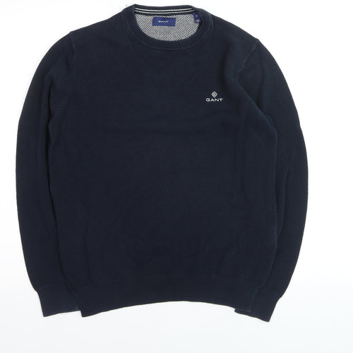 GANT Men's Blue Cotton Crew Neck Waffle Knit Jumper Size M