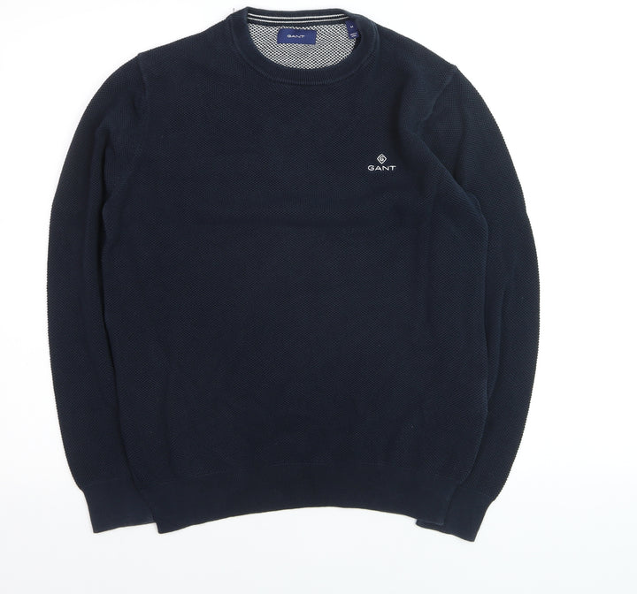 GANT Men's Blue Cotton Crew Neck Waffle Knit Jumper Size M
