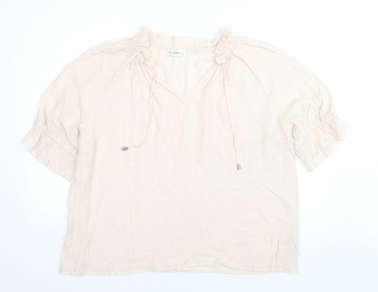 Gallery Women Beige Tunic Blouse XL V-Neck Ruffle Short Sleeve