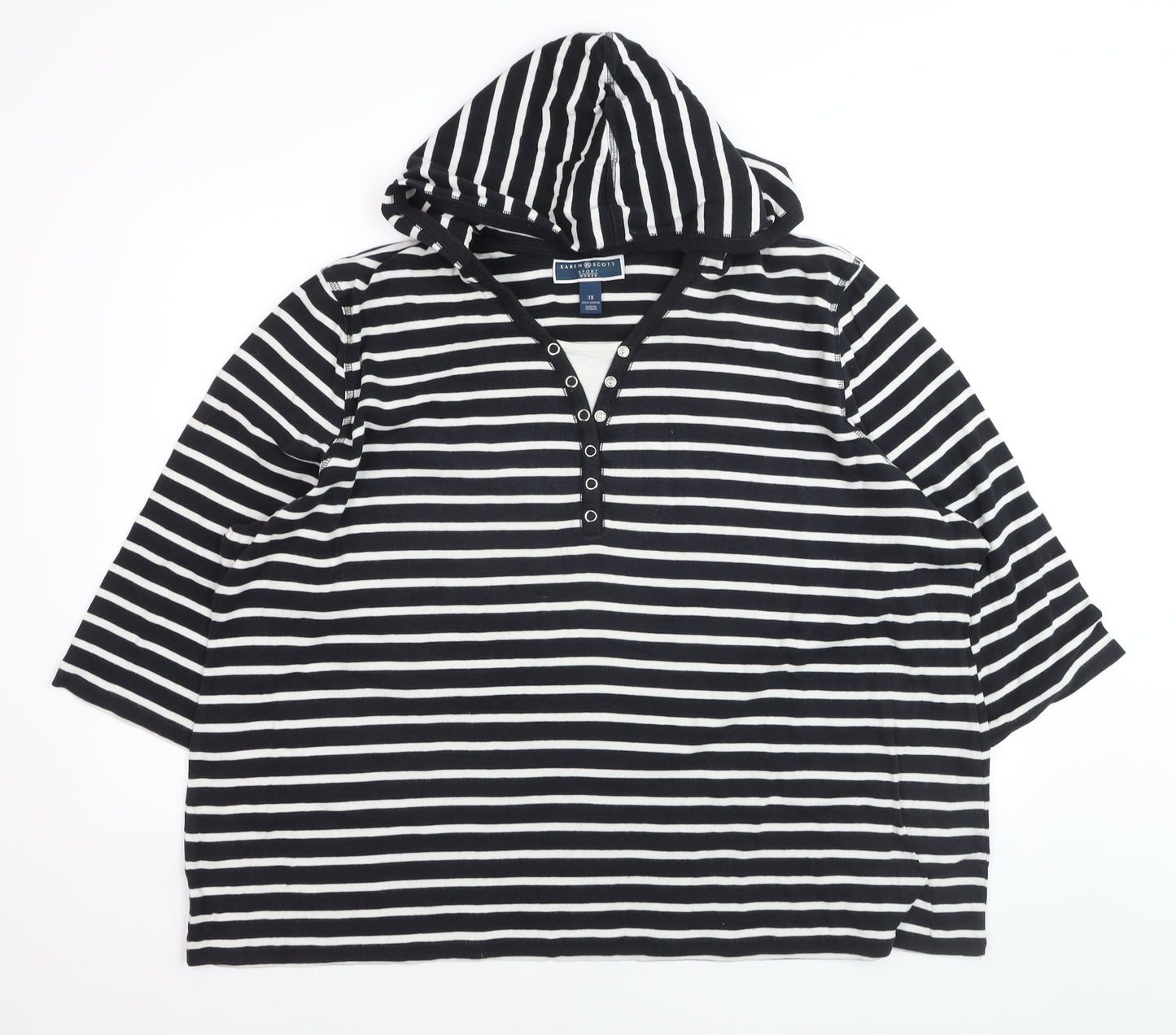 Karen Scott Women's Black Striped Hooded 3XL Cotton V-Neck Top