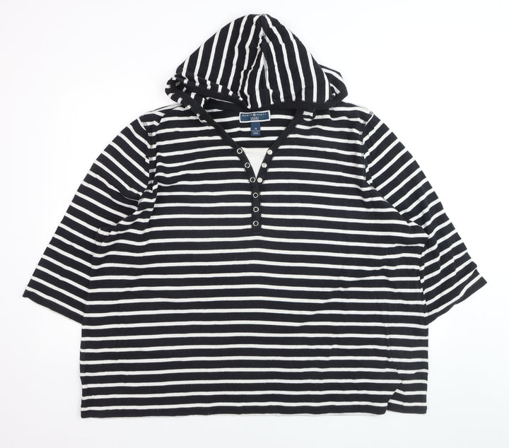 Karen Scott Women's Black Striped Hooded 3XL Cotton V-Neck Top