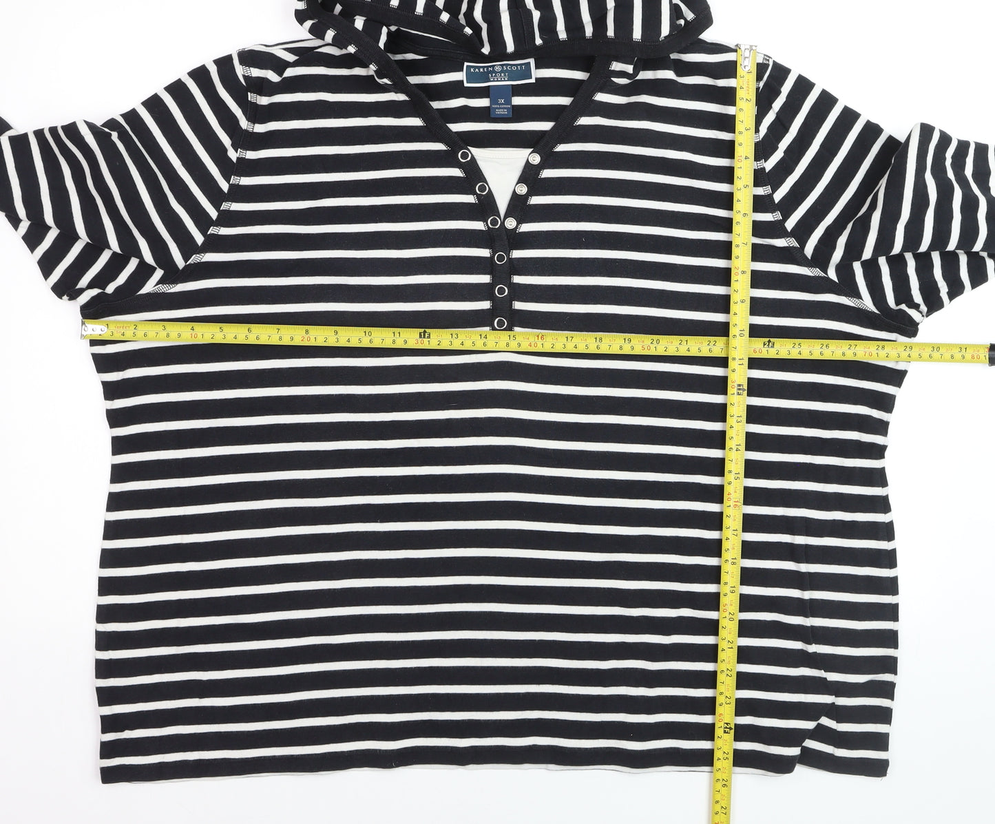 Karen Scott Women's Black Striped Hooded 3XL Cotton V-Neck Top