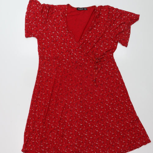 Boohoo Womens Red Floral Wrap Dress Size 12 Short Sleeve V-Neck