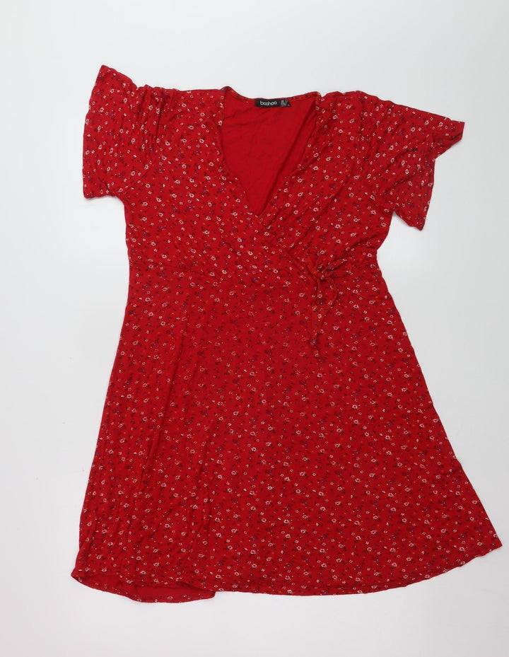 Boohoo Womens Red Floral Wrap Dress Size 12 Short Sleeve V-Neck
