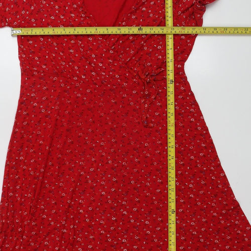 Boohoo Womens Red Floral Wrap Dress Size 12 Short Sleeve V-Neck