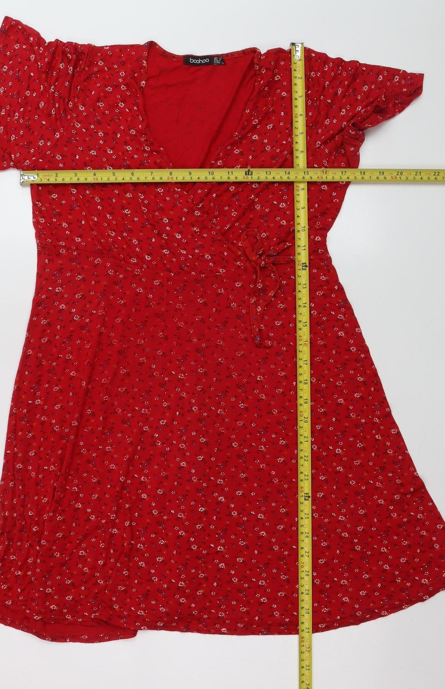 Boohoo Womens Red Floral Wrap Dress Size 12 Short Sleeve V-Neck