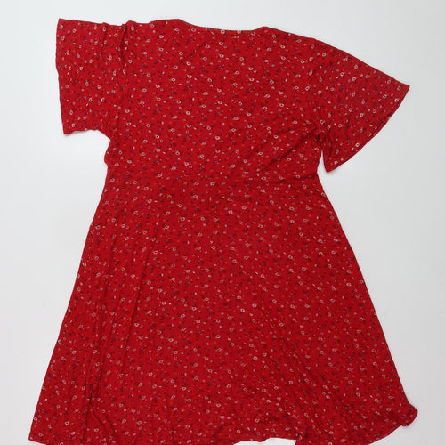 Boohoo Womens Red Floral Wrap Dress Size 12 Short Sleeve V-Neck