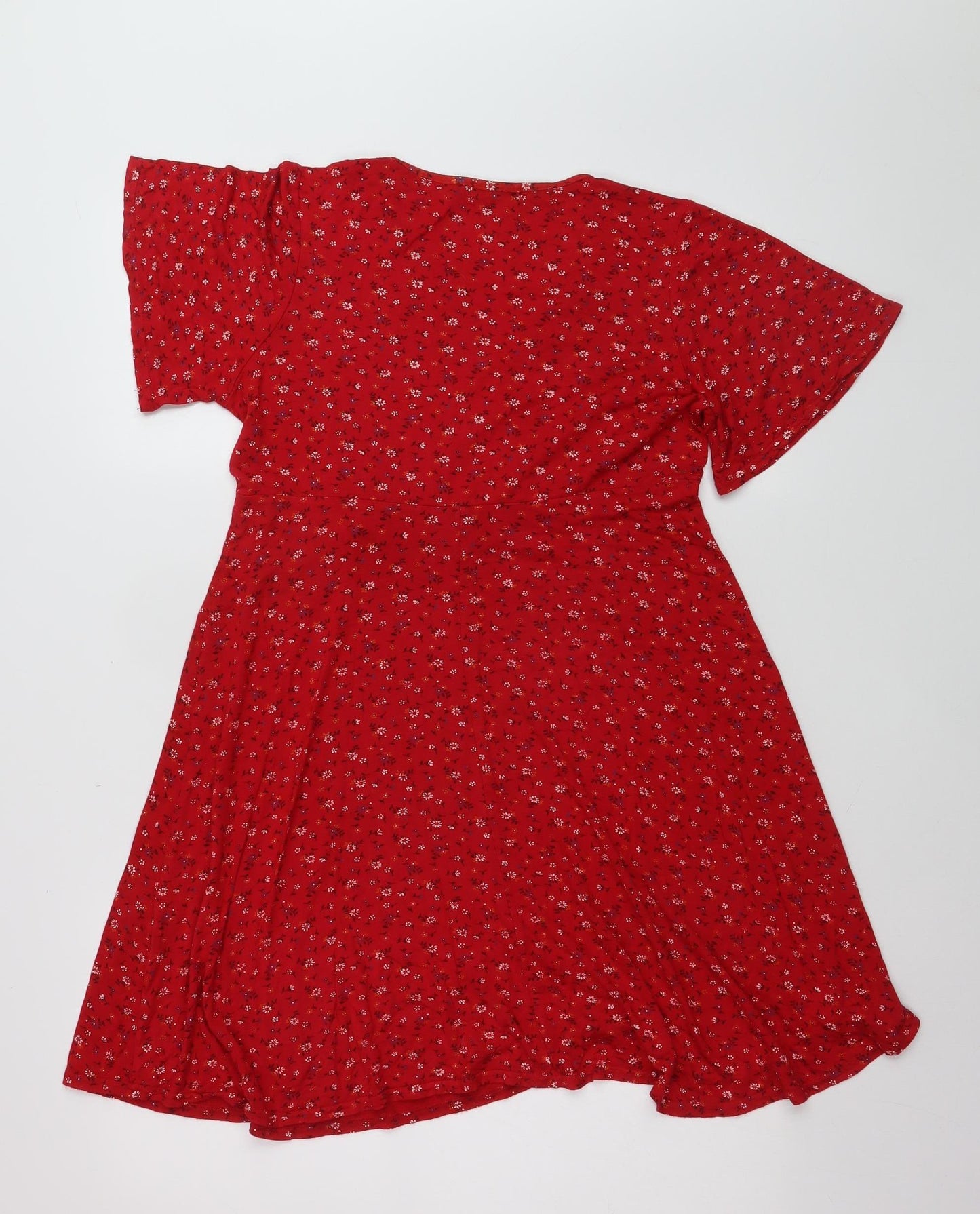 Boohoo Womens Red Floral Wrap Dress Size 12 Short Sleeve V-Neck