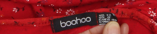 Boohoo Womens Red Floral Wrap Dress Size 12 Short Sleeve V-Neck