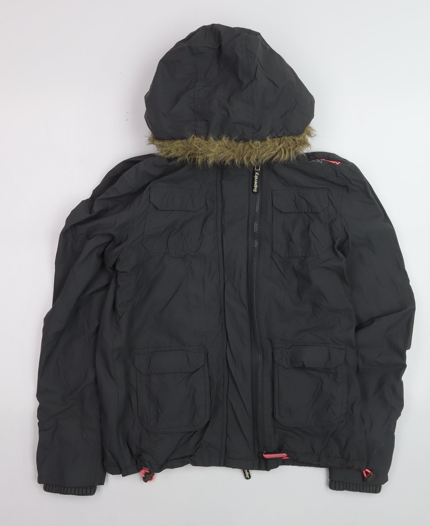 Superdry Women Black M Windcheater Hooded Jacket Faux Fur Trim