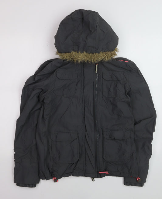 Superdry Women Black M Windcheater Hooded Jacket Faux Fur Trim