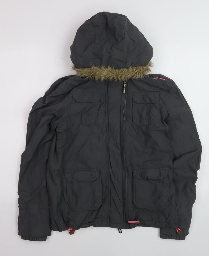 Superdry Women Black M Windcheater Hooded Jacket Faux Fur Trim