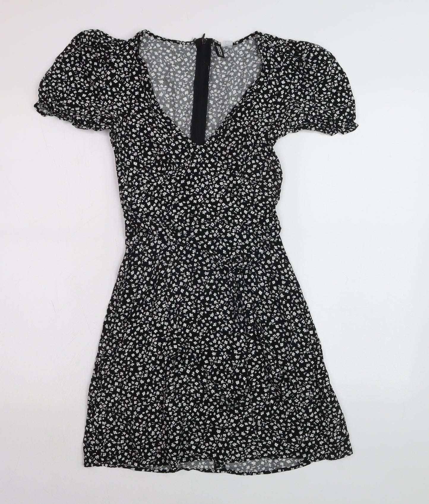 DIVIDED Women’s Black Floral Short A-Line Puff Sleeve Dress Size 4