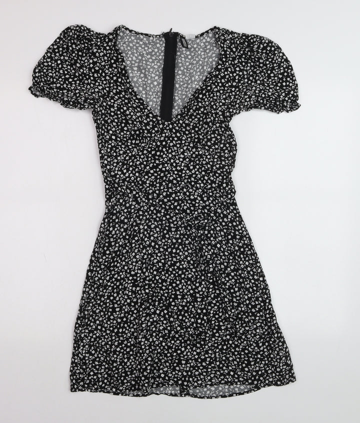DIVIDED Women’s Black Floral Short A-Line Puff Sleeve Dress Size 4