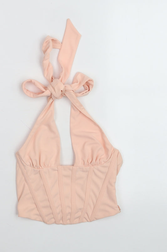 Zara Women Beige Halter Cropped Tank Top XS Polyester Summer
